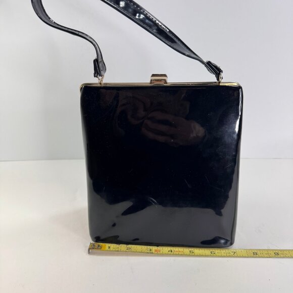 Vintage 1960's Triangle Shape Black Patent Leather Top Closure Handle Purse - Picture 6 of 9